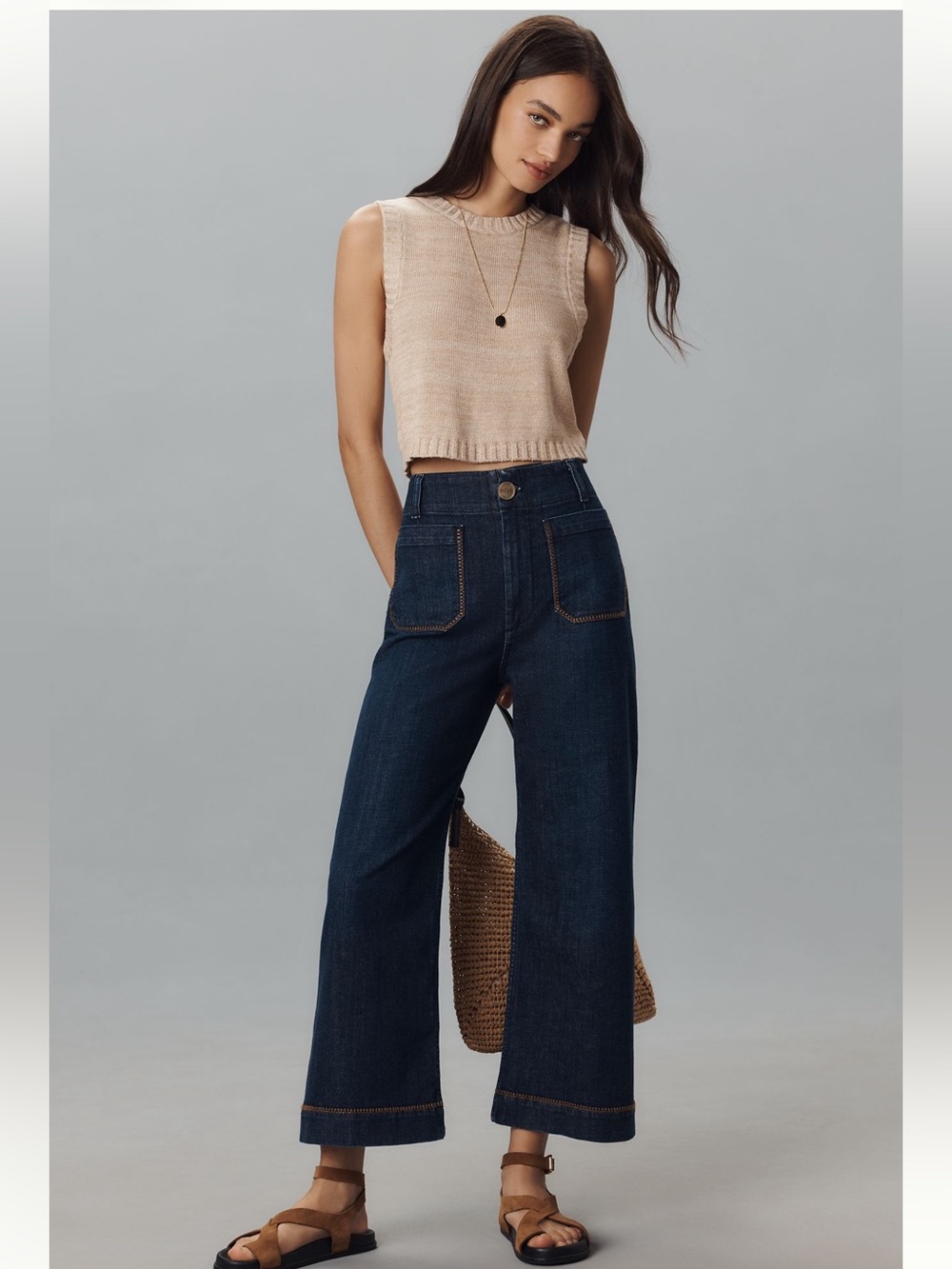 Maeve Collette whipstitch high rise wide leg cropped jean